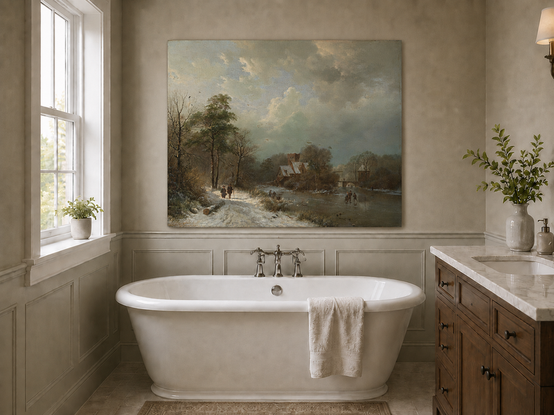 Landscape Oil Painting - Winter Castle Village by Frozen River