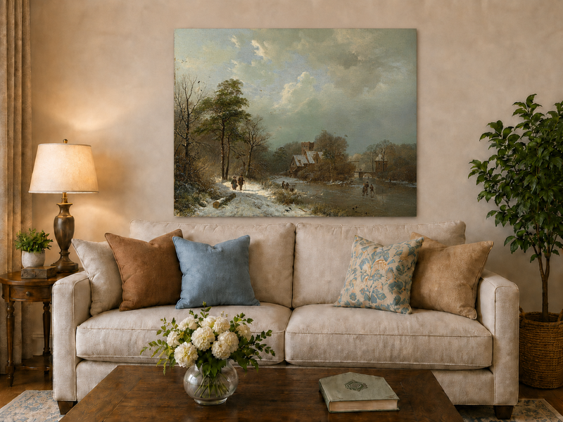 Landscape Oil Painting - Winter Castle Village by Frozen River