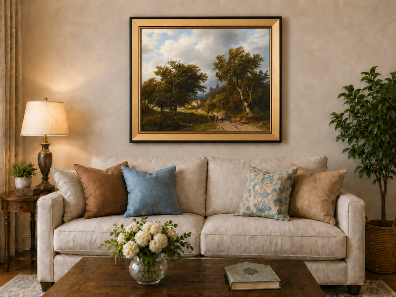 Landscape Oil Painting - Windy Forest Road with Cattle and Castle