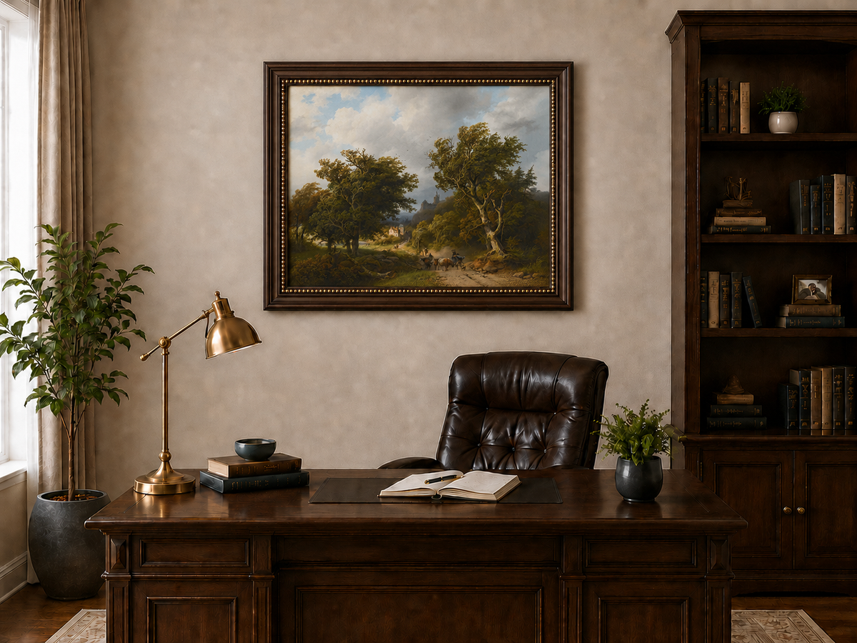 Landscape Oil Painting - Windy Forest Road with Cattle and Castle