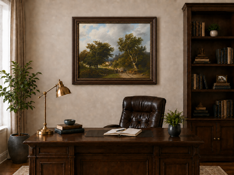 Landscape Oil Painting - Windy Forest Road with Cattle and Castle