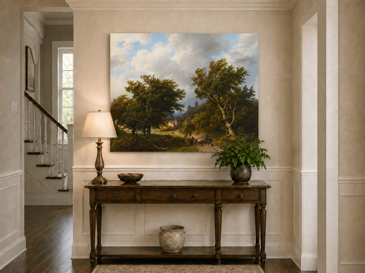 Landscape Oil Painting - Windy Forest Road with Cattle and Castle