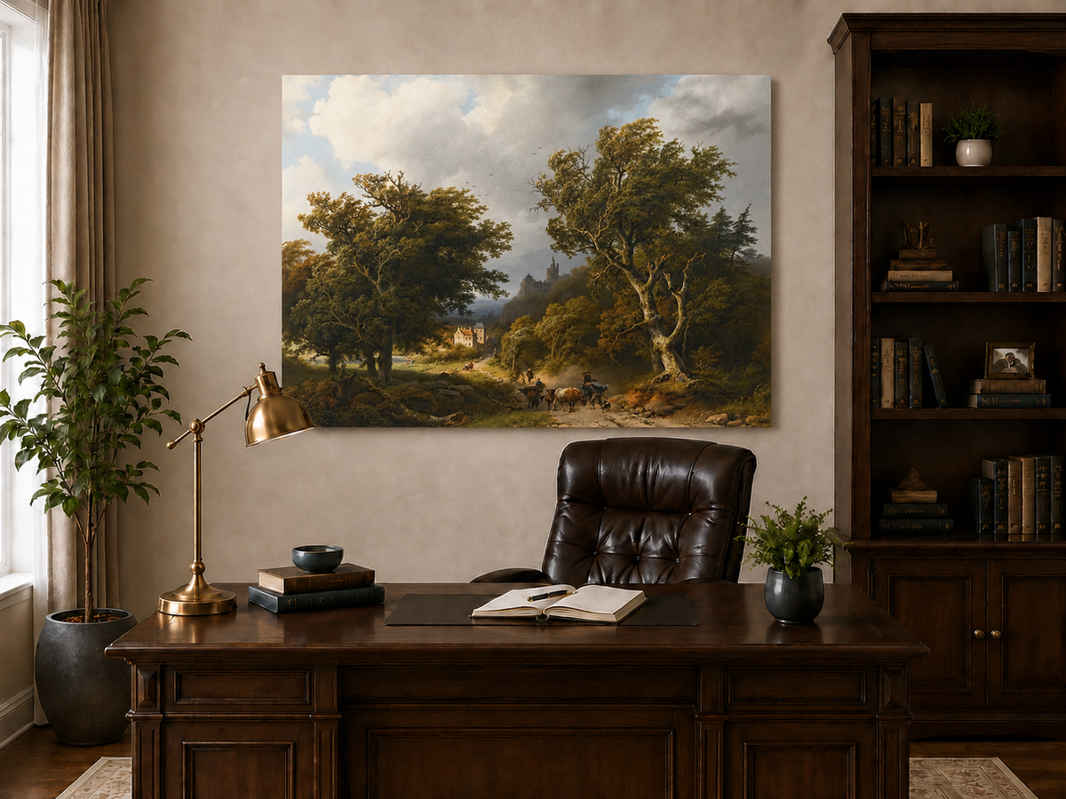 Landscape Oil Painting - Windy Forest Road with Cattle and Castle