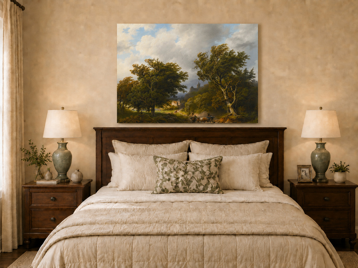 Landscape Oil Painting - Windy Forest Road with Cattle and Castle