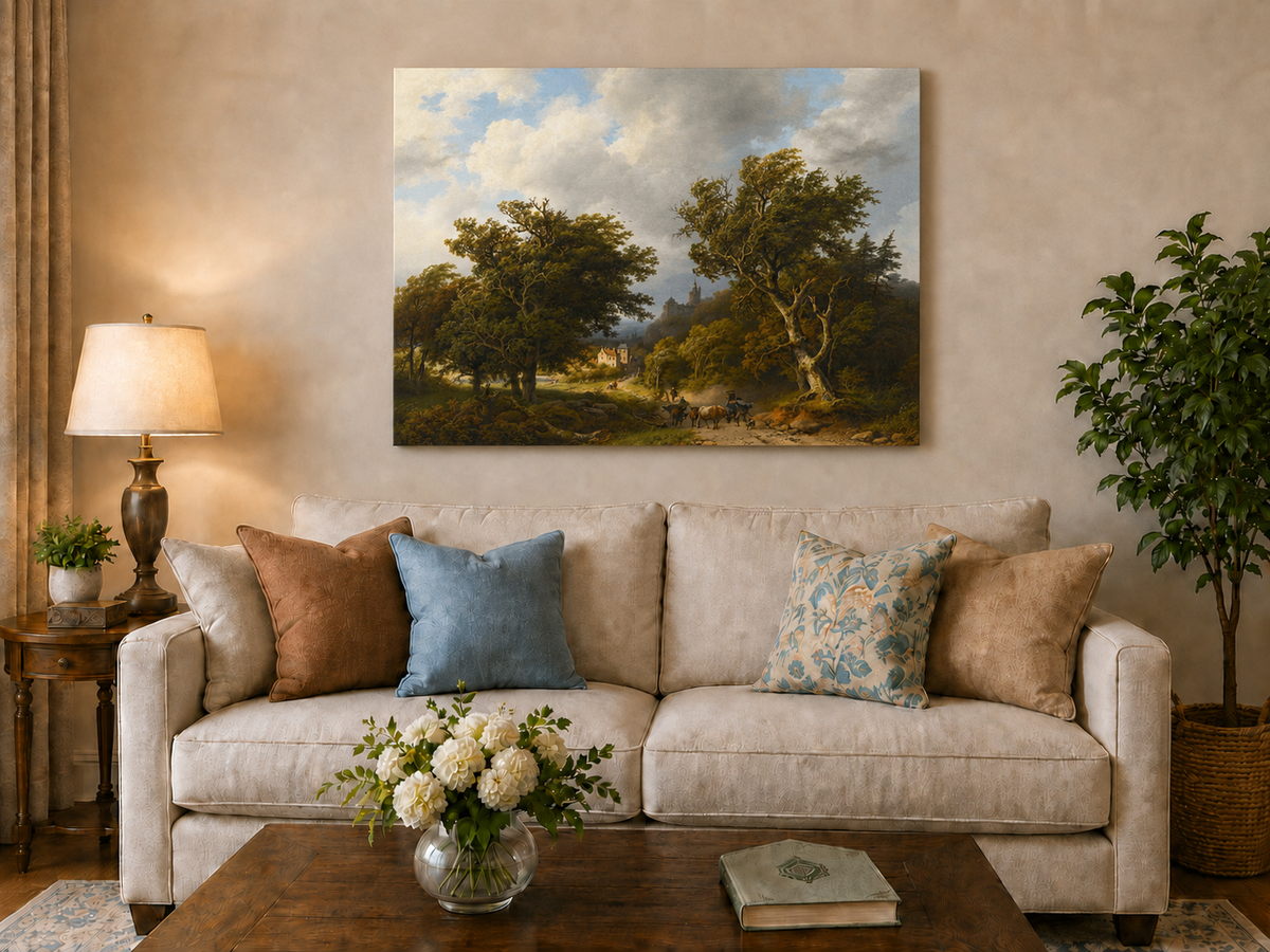 Landscape Oil Painting - Windy Forest Road with Cattle and Castle