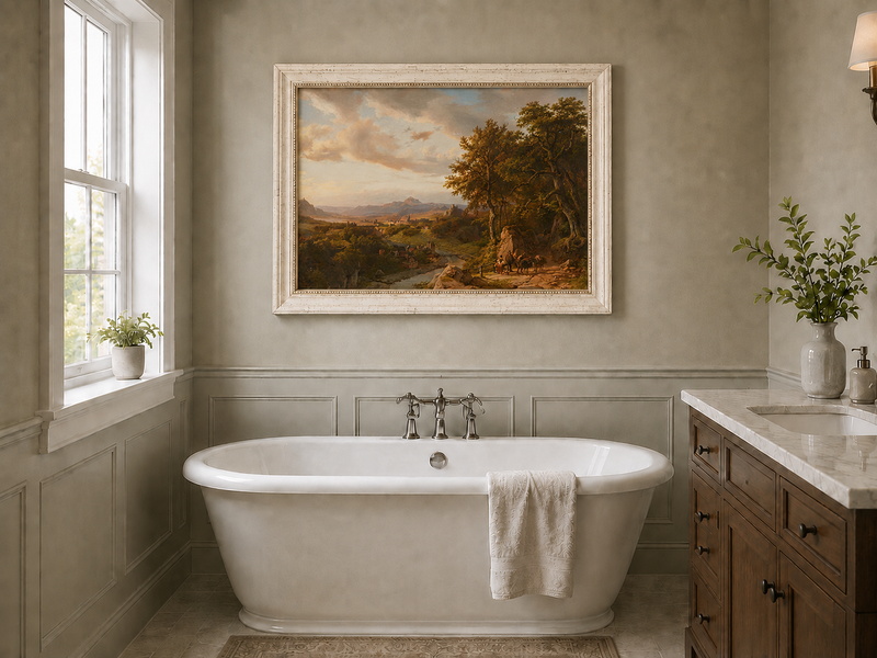 Landscape Oil Painting - River Valley with Castle and Travelers