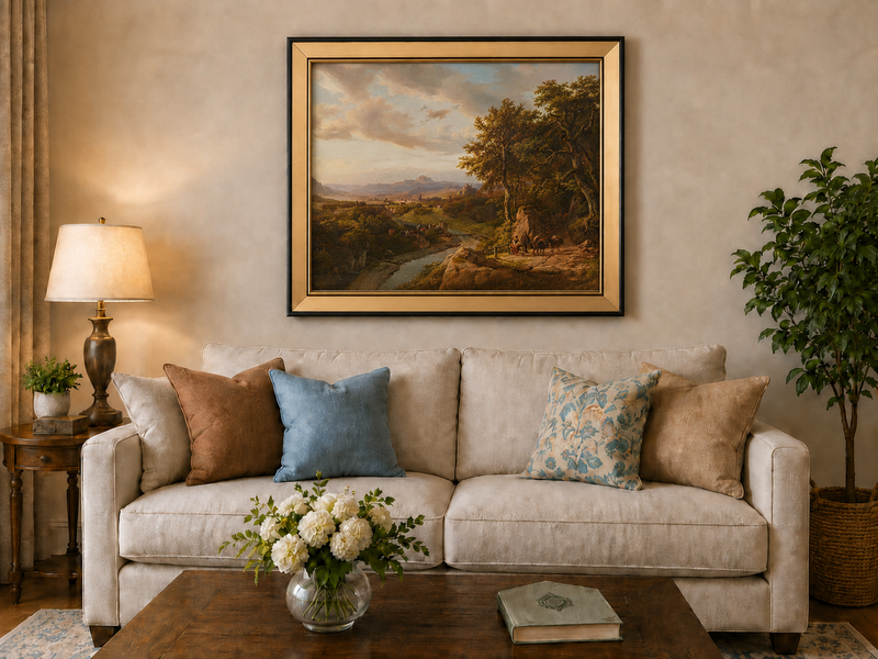 Landscape Oil Painting - River Valley with Castle and Travelers