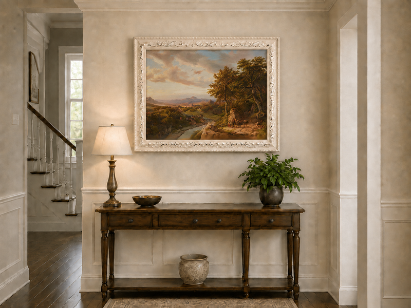 Landscape Oil Painting - River Valley with Castle and Travelers