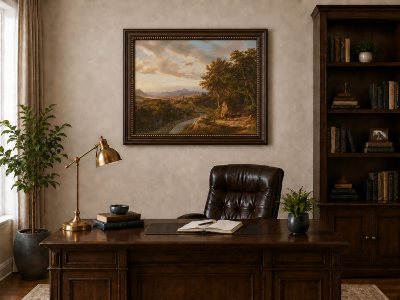 Landscape Oil Painting - River Valley with Castle and Travelers