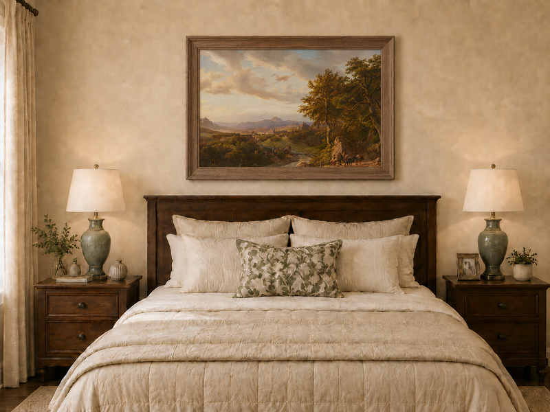 Landscape Oil Painting - River Valley with Castle and Travelers