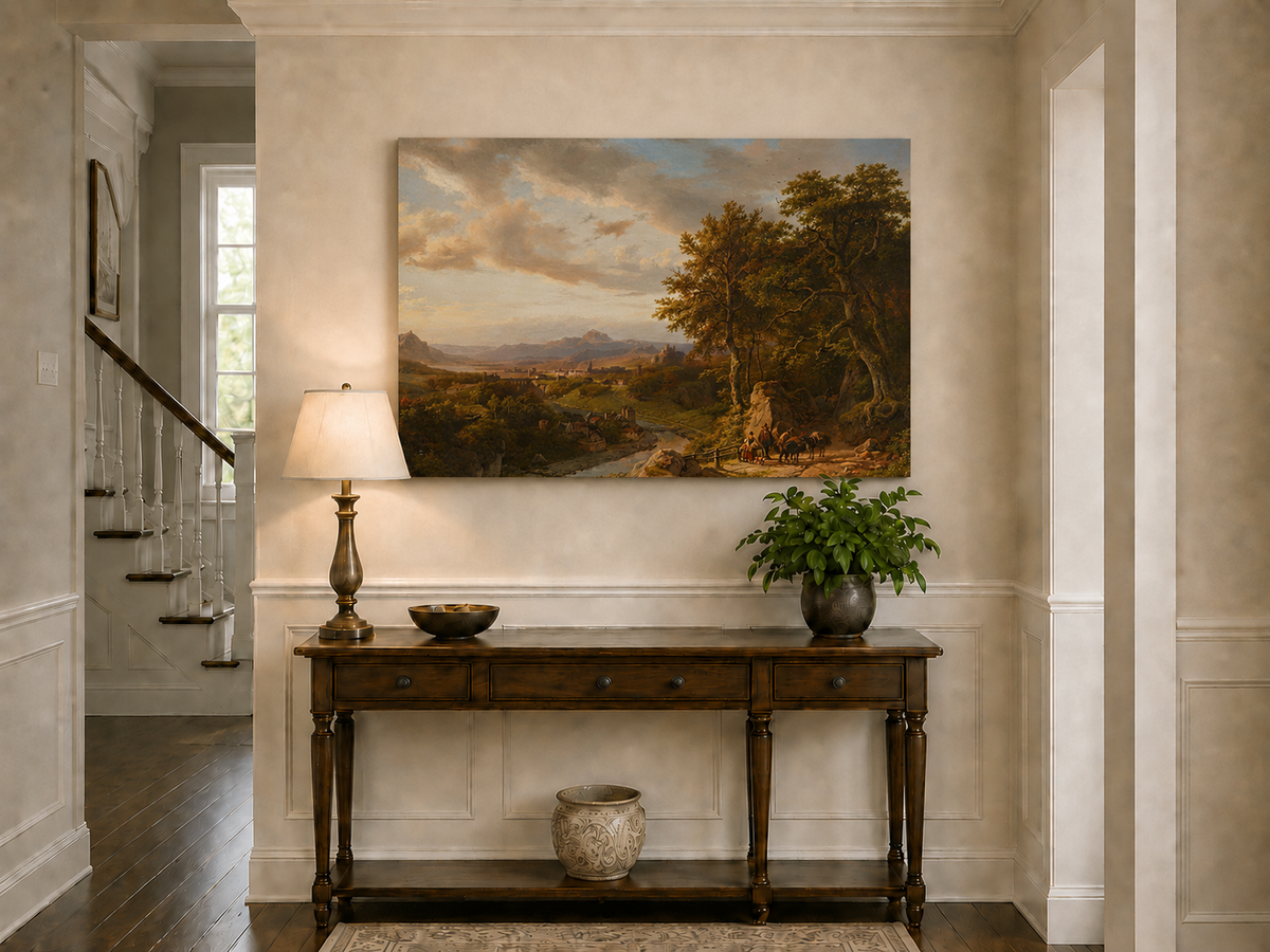 Landscape Oil Painting - River Valley with Castle and Travelers