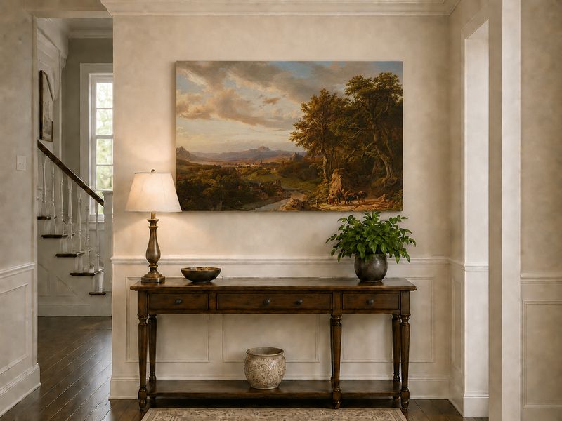 Landscape Oil Painting - River Valley with Castle and Travelers