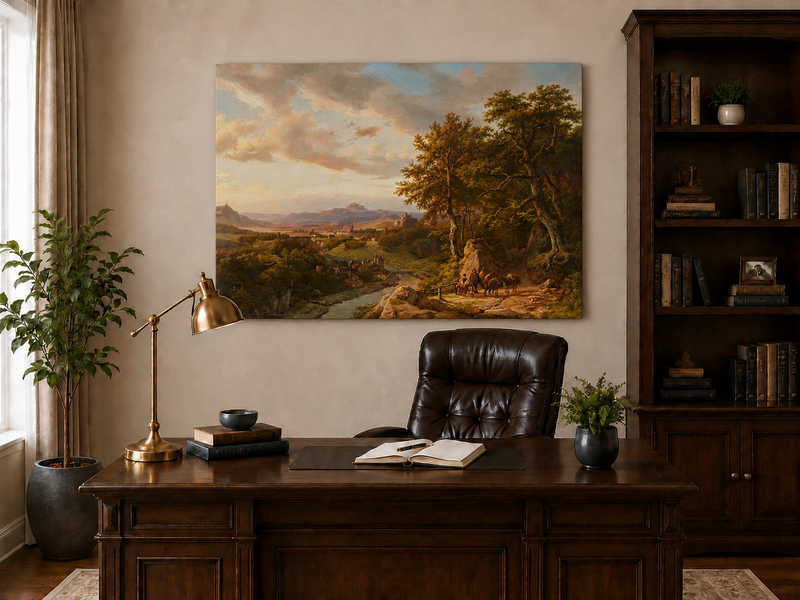 Landscape Oil Painting - River Valley with Castle and Travelers