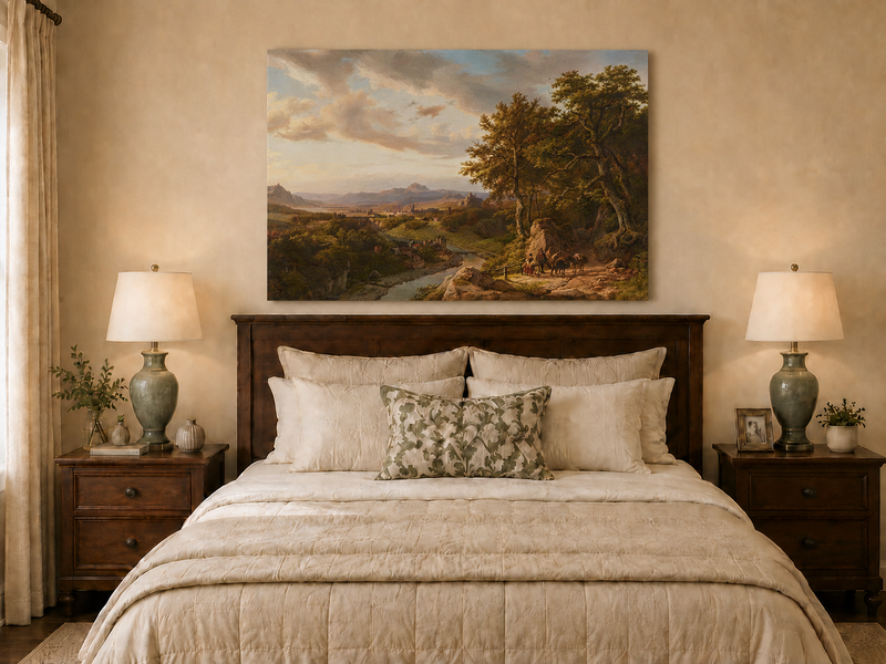 Landscape Oil Painting - River Valley with Castle and Travelers
