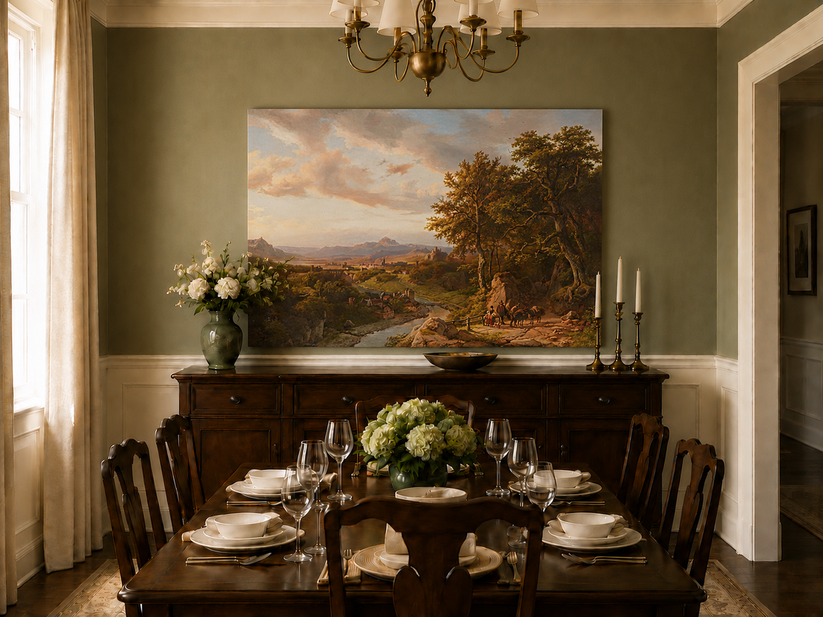 Landscape Oil Painting - River Valley with Castle and Travelers