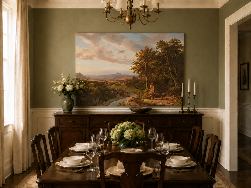 Landscape Oil Painting - River Valley with Castle and Travelers