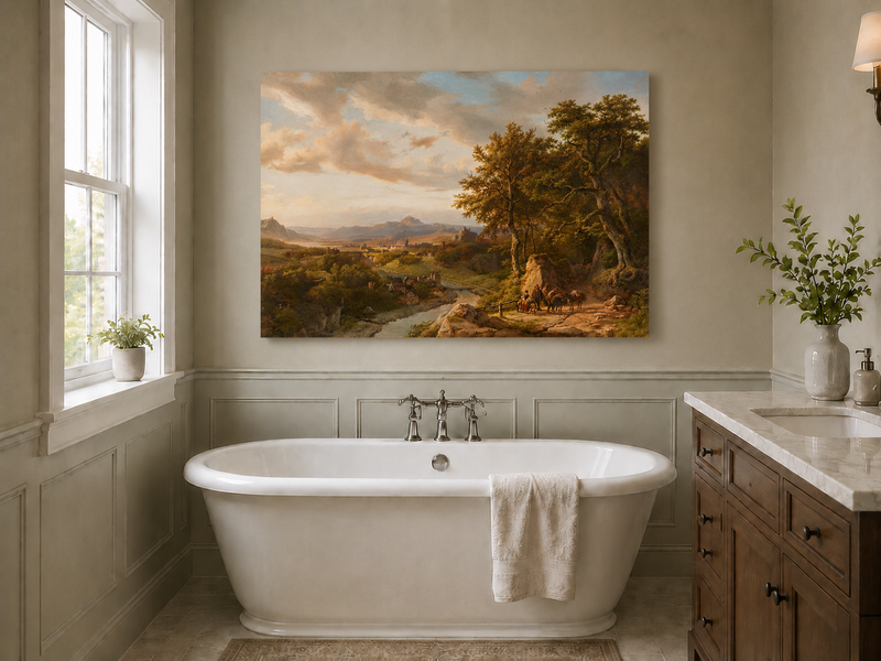 Landscape Oil Painting - River Valley with Castle and Travelers