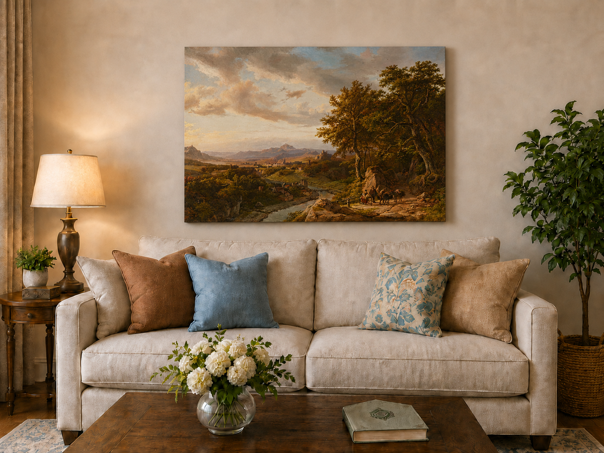 Landscape Oil Painting - River Valley with Castle and Travelers