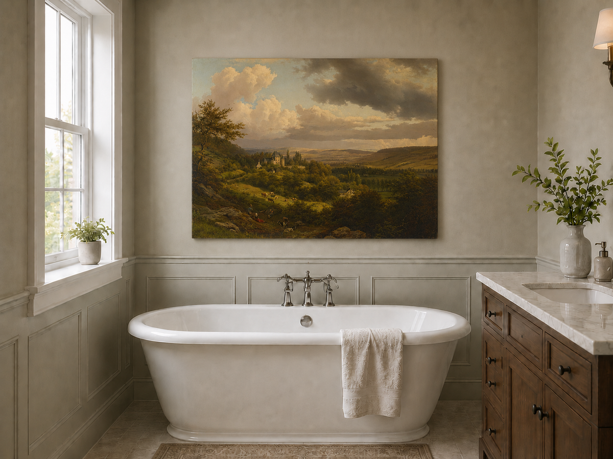 Landscape Oil Painting - Castle Valley with Cattle and Clouds