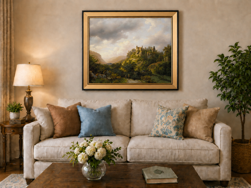 Landscape Oil Painting - Castle Ruins on a Sunlit Forested Hill