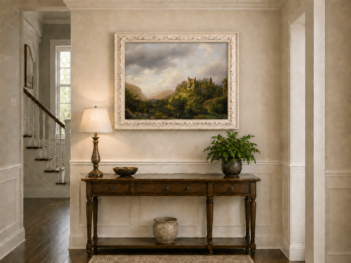 Landscape Oil Painting - Castle Ruins on a Sunlit Forested Hill