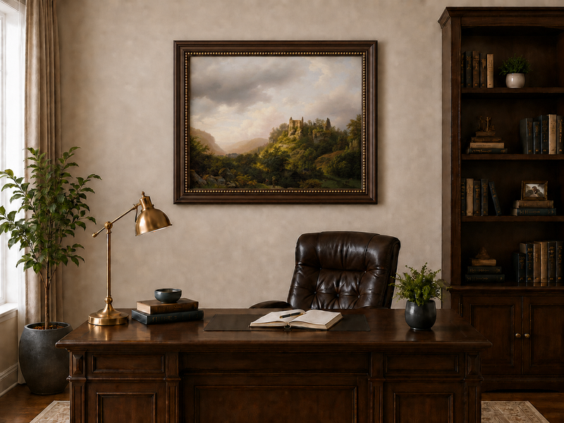 Landscape Oil Painting - Castle Ruins on a Sunlit Forested Hill