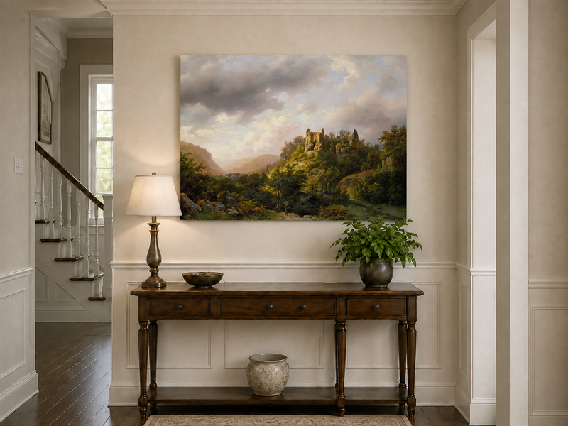 Landscape Oil Painting - Castle Ruins on a Sunlit Forested Hill