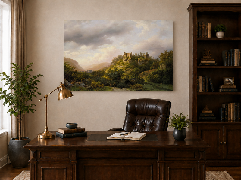Landscape Oil Painting - Castle Ruins on a Sunlit Forested Hill