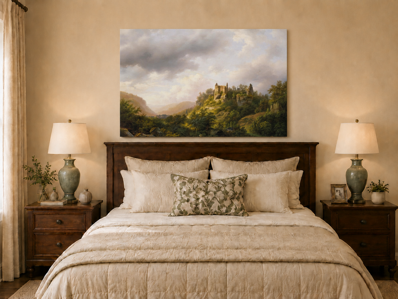 Landscape Oil Painting - Castle Ruins on a Sunlit Forested Hill