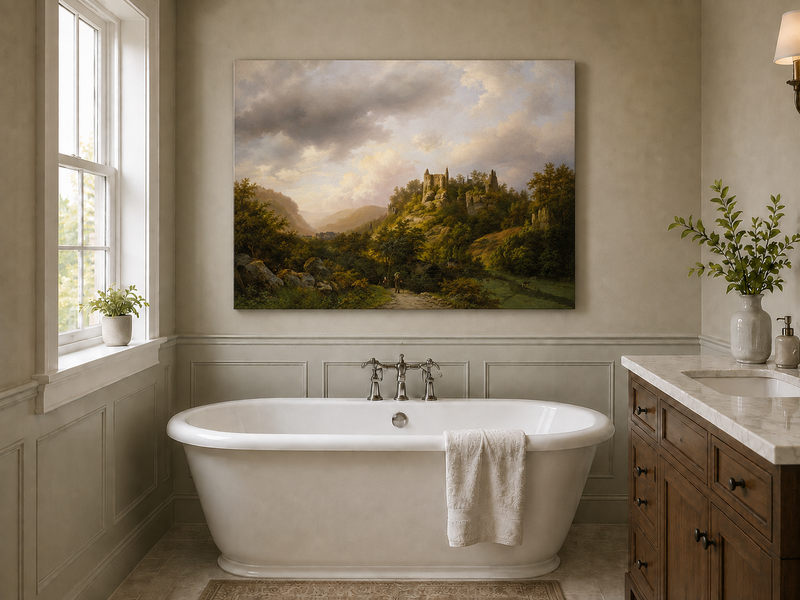Landscape Oil Painting - Castle Ruins on a Sunlit Forested Hill