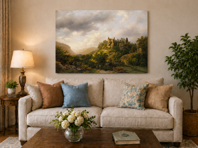 Landscape Oil Painting - Castle Ruins on a Sunlit Forested Hill