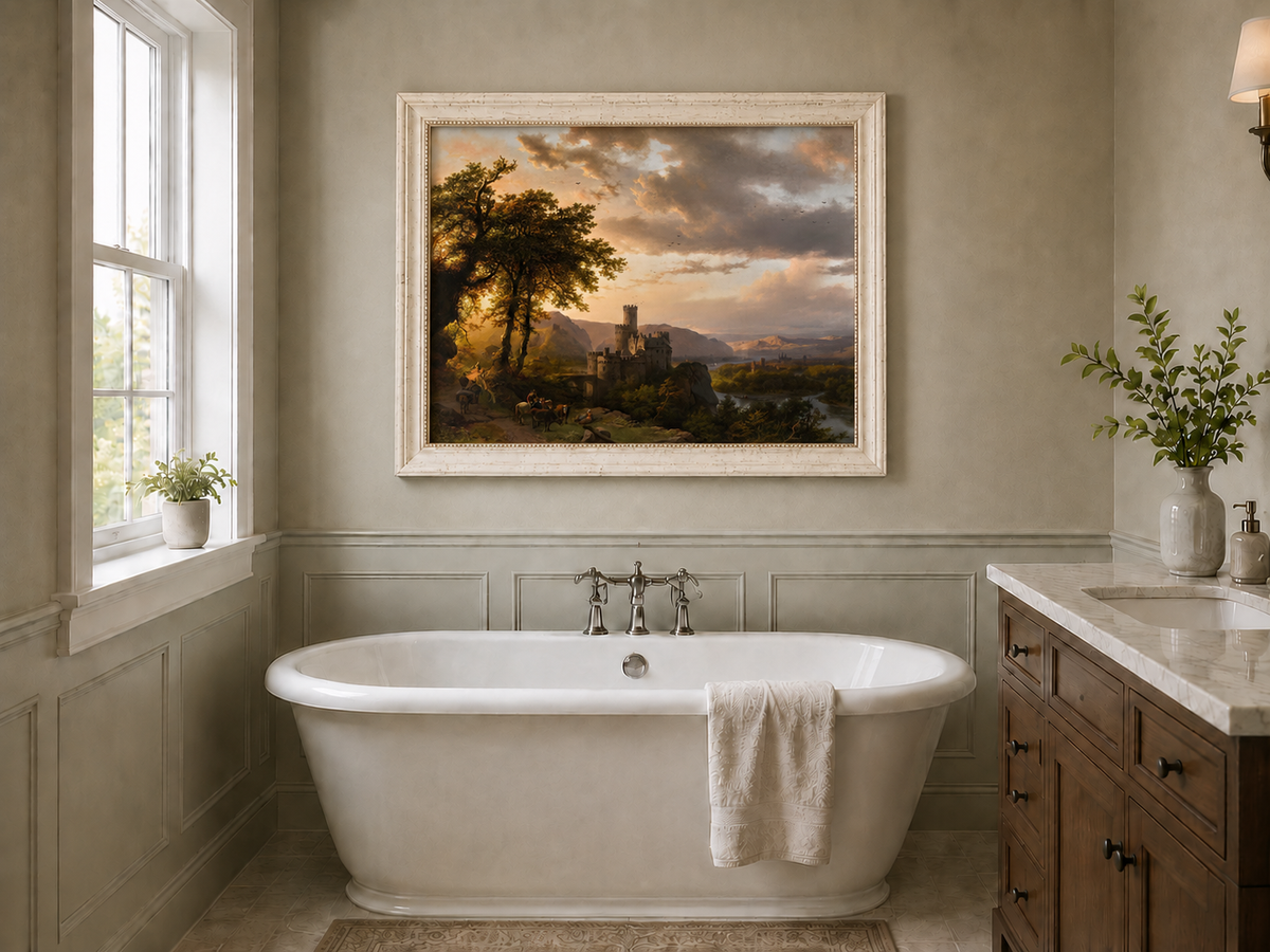 Landscape Oil Painting - Sunset Castle in a Mountain River Valley