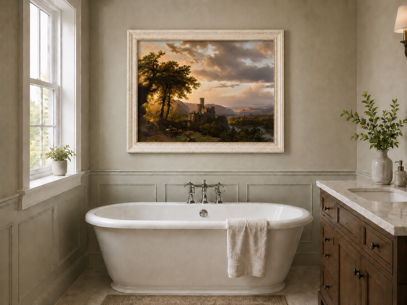 Landscape Oil Painting - Sunset Castle in a Mountain River Valley