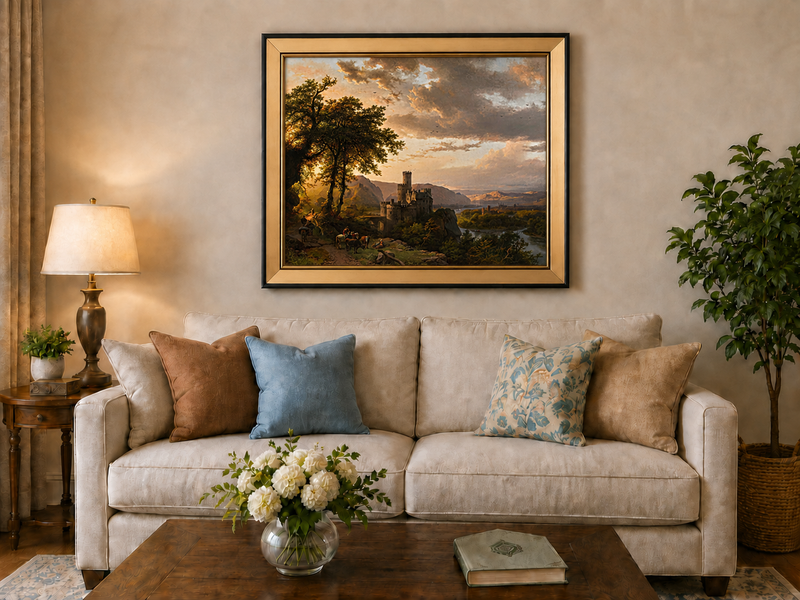 Landscape Oil Painting - Sunset Castle in a Mountain River Valley