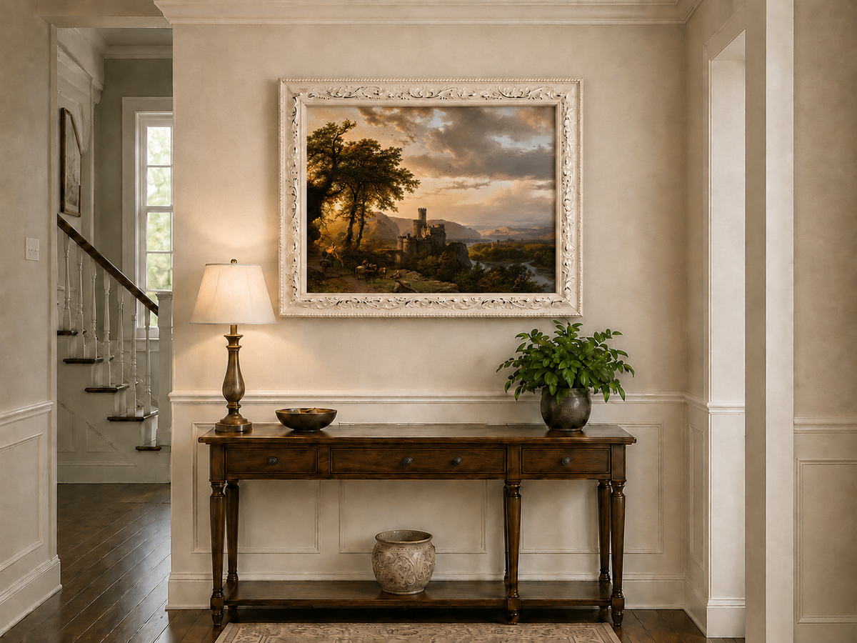Landscape Oil Painting - Sunset Castle in a Mountain River Valley