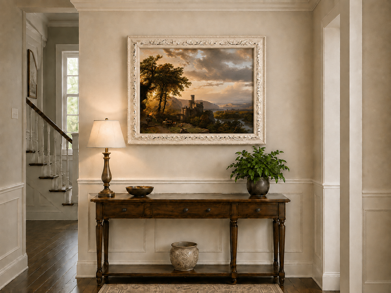 Landscape Oil Painting - Sunset Castle in a Mountain River Valley