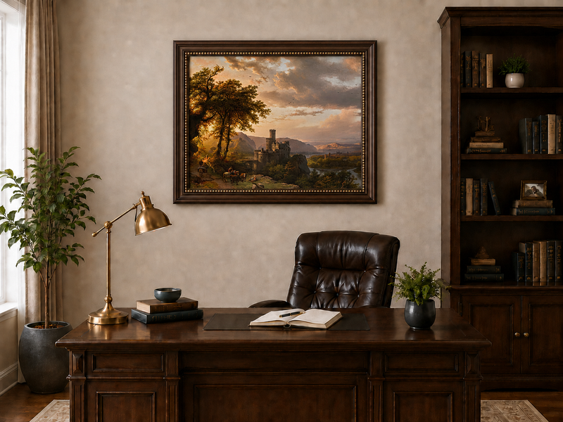 Landscape Oil Painting - Sunset Castle in a Mountain River Valley