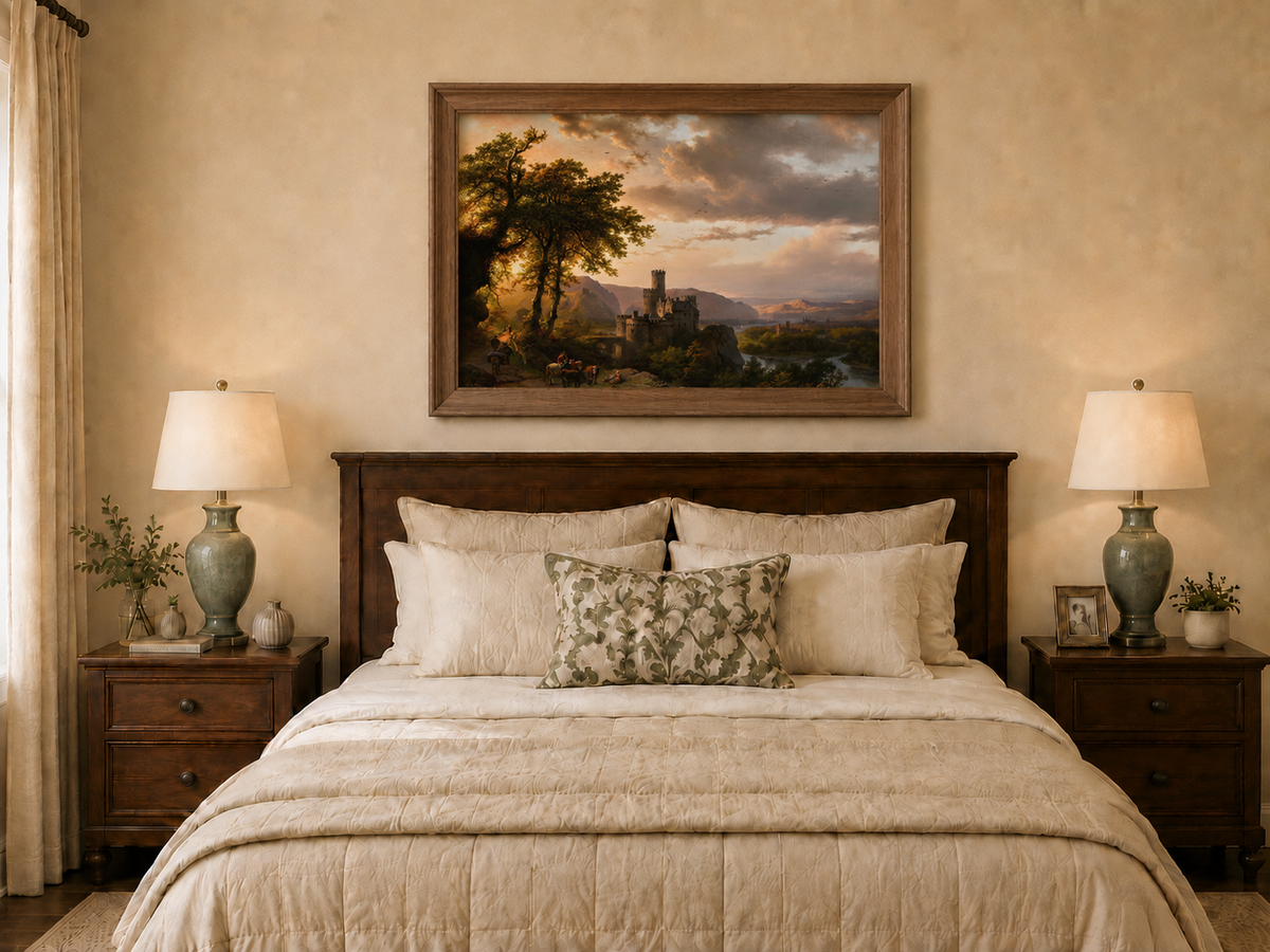 Landscape Oil Painting - Sunset Castle in a Mountain River Valley