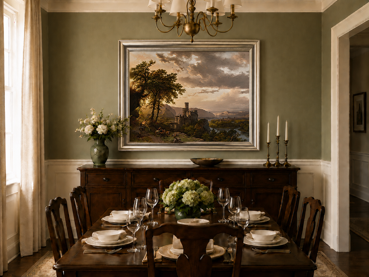 Landscape Oil Painting - Sunset Castle in a Mountain River Valley