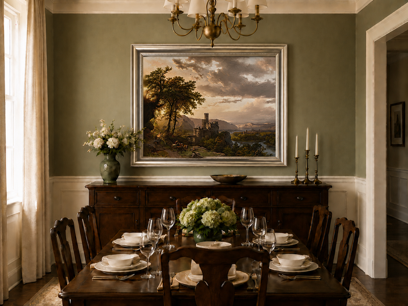 Landscape Oil Painting - Sunset Castle in a Mountain River Valley