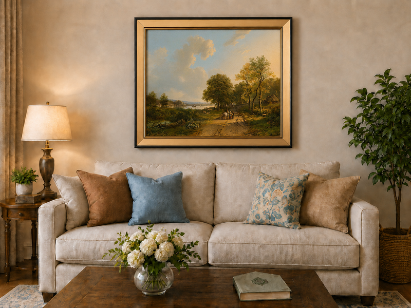 Landscape Oil Painting - Riverside Path with Rider and Walkers