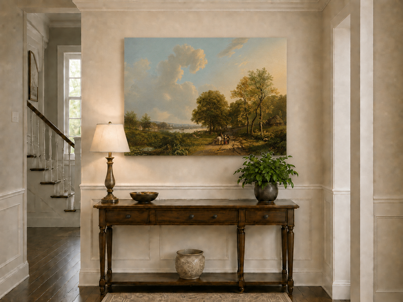Landscape Oil Painting - Riverside Path with Rider and Walkers