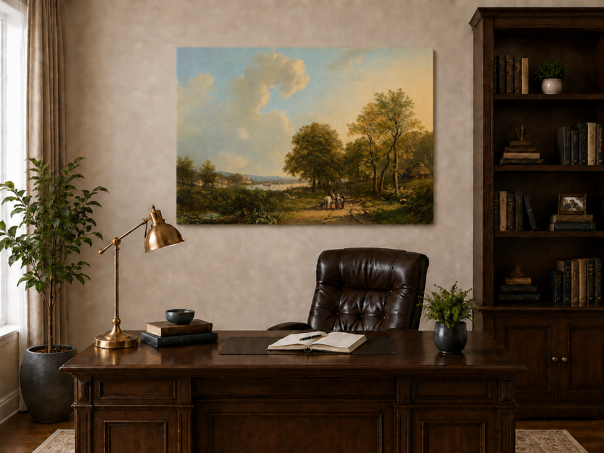 Landscape Oil Painting - Riverside Path with Rider and Walkers