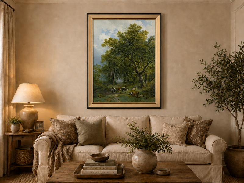 Landscape Oil Painting - Forest Path with Cattle and Sheep