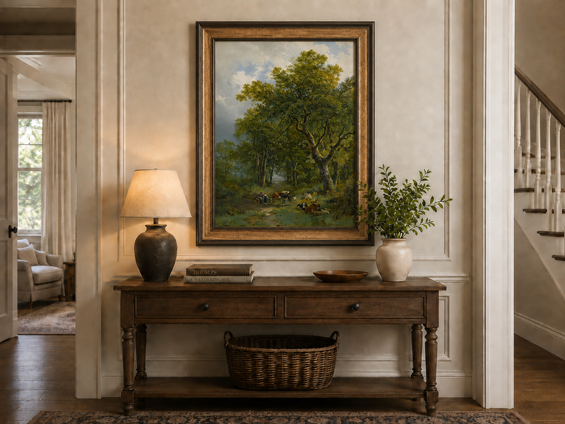 Landscape Oil Painting - Forest Path with Cattle and Sheep
