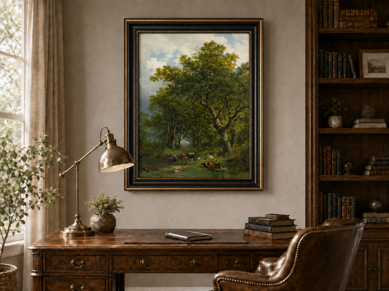 Landscape Oil Painting - Forest Path with Cattle and Sheep