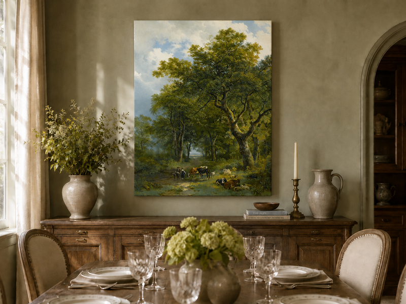 Landscape Oil Painting - Forest Path with Cattle and Sheep