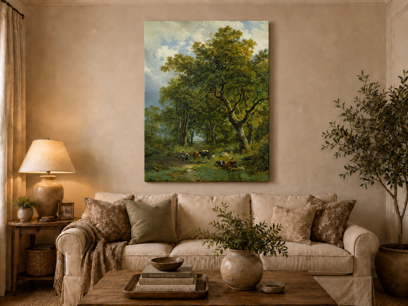 Landscape Oil Painting - Forest Path with Cattle and Sheep