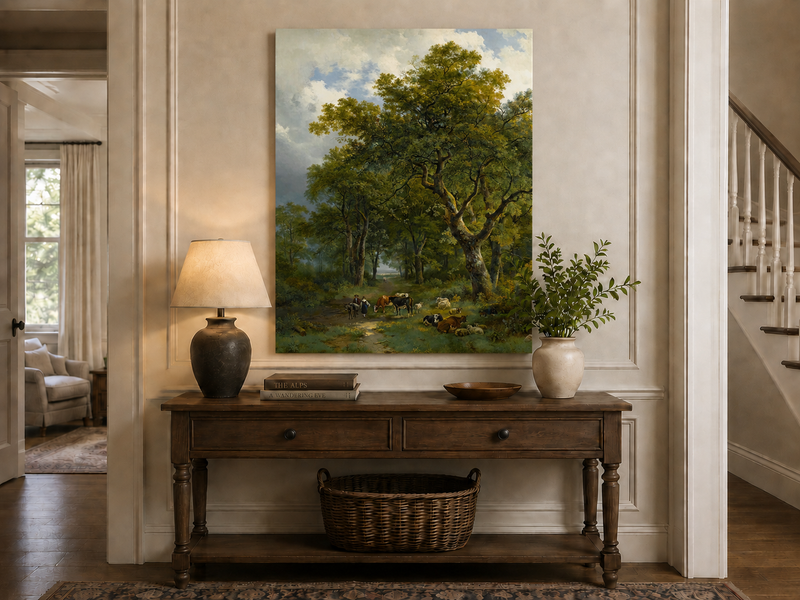 Landscape Oil Painting - Forest Path with Cattle and Sheep