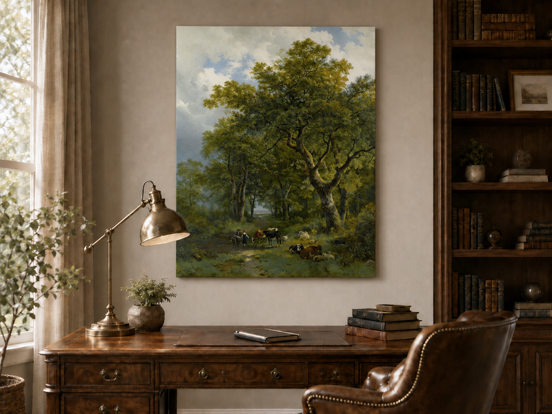Landscape Oil Painting - Forest Path with Cattle and Sheep